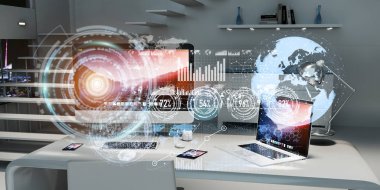 Çalışma alanı modern cihazlar ve hologram ekranlar 3d render ile