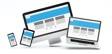 Modern bilgisayar dizüstü bilgisayar cep telefonu ve 3d rende yüzen tablet