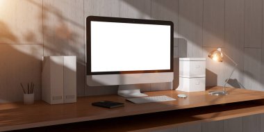 Bilgisayarı ve aygıtları 3d re sahip modern karanlık Resepsiyon ofis iç