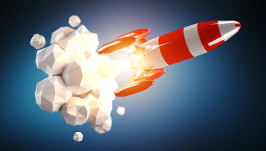 Kırmızı ve beyaz roket 3D render başlatılması