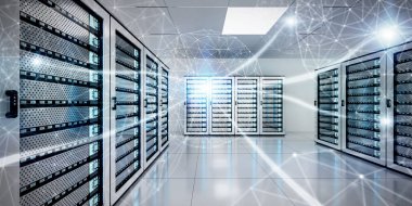 Abstract network on server room data center 3D rendering clipart