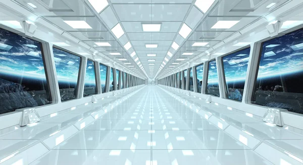 Spaceship corridor with view on the planet Earth 3D rendering el — Stock Photo, Image