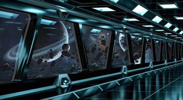 Statek kosmiczny korytarza z widokiem na odległych planetach system renderowania 3d — Zdjęcie stockowe