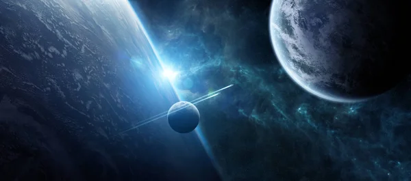 Răsărit de soare peste sistemul îndepărtat al planetei în spațiu element de redare 3D — Fotografie, imagine de stoc