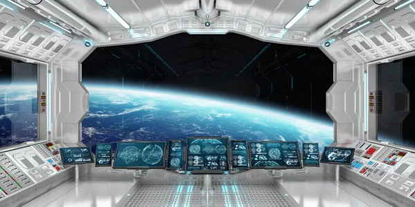 Intérieur du vaisseau spatial avec vue sur la planète Terre 3D rendering el — Photo