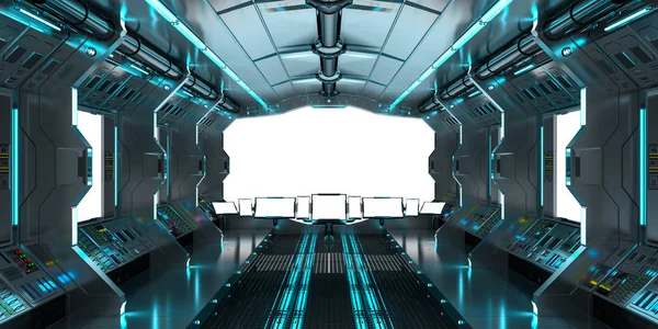 Nave espacial interior con vista sobre ventanas blancas 3D renderizado —  Fotos de Stock