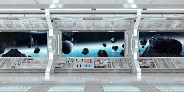 Інтер'єр космічного корабля з видом на планету Земля 3D рендеринг ель — стокове фото