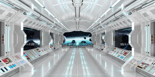 Interior de la nave espacial con vista al planeta Tierra 3D renderizado el —  Fotos de Stock