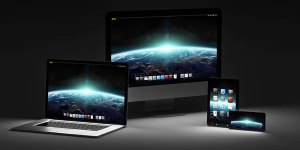 Computador moderno escuro laptop telefone celular e tablet 3D renderização — Fotografia de Stock