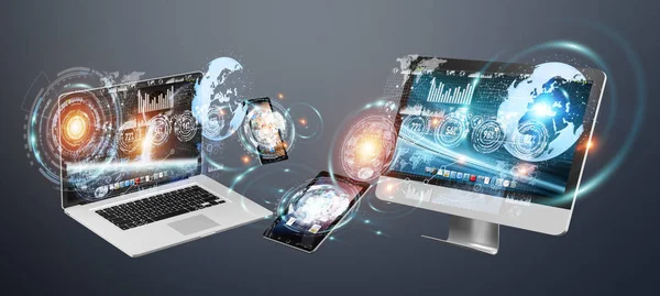 Tech devices with icons and graphs flying 3D rendering — Stock Photo, Image