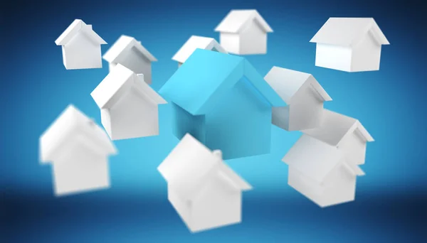 3D gerenderte kleine weiße und blaue Häuser — Stockfoto