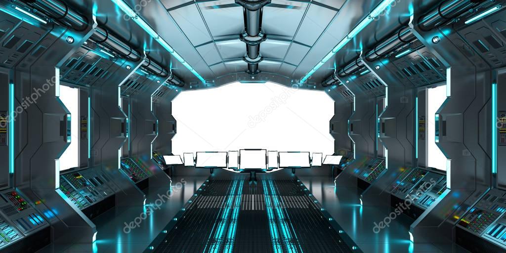 Spaceship interior with view on white windows 3D rendering