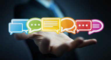 Renkli düz konuşma simgeler 3d rendering kullanarak iş adamı