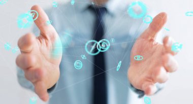 Uçan ağ bağlantısı arabirimi 3d renderi kullanarak iş adamı