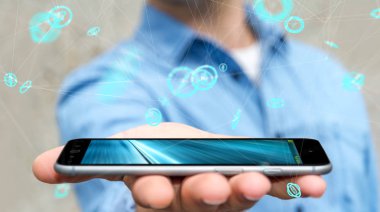 Uçan ağ bağlantısı arabirimi 3d renderi kullanarak iş adamı