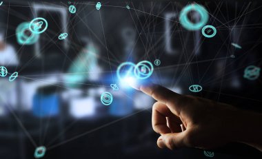 Uçan ağ bağlantısı arabirimi 3d renderi kullanarak iş adamı