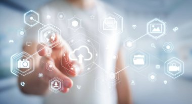 Dijital bulut arabirimi 3d rendering kullanarak iş adamı