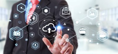 Dijital bulut arabirimi 3d rendering kullanarak iş adamı