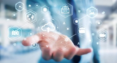 Dijital bulut arabirimi 3d rendering kullanarak iş adamı