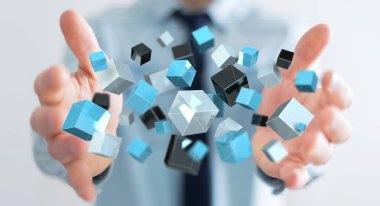 Mavi parlak küp ağ 3d renderin yüzen tutan işadamı