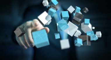 Kayan mavi parlak küp ağ 3d renderi dokunmadan işadamı