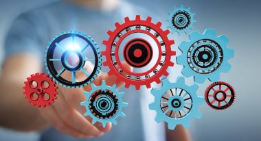 Onun el 3d renderin kayan dişli simgeleri dokunmadan işadamı