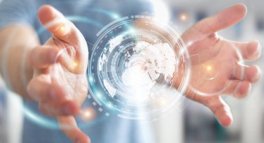 İşadamı hologram ekran dijital veriler 3d renderin ile kullanma