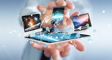 Teknoloji cihazları birbirine 3d render bağlamak işadamı