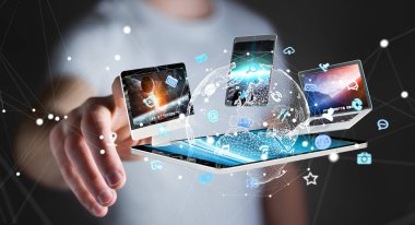 Teknoloji cihazları birbirine 3d render bağlamak işadamı