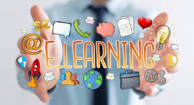 E-öğrenme sunu çizilmiş tutan işadamı