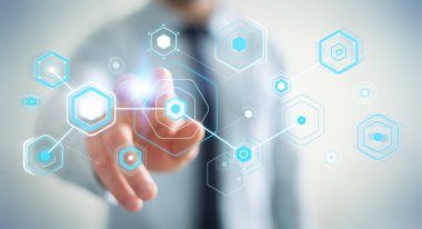 Dijital ekranlar hologramlar veriler 3d render ile kullanarak iş adamı