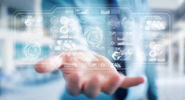 Dijital ekranlar hologramlar veriler 3d render ile kullanarak iş adamı