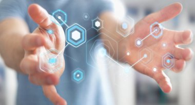 Dijital ekranlar hologramlar veriler 3d render ile kullanarak iş adamı