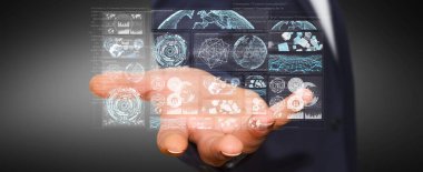 Dijital ekranlar hologramlar veriler 3d render ile kullanarak iş adamı