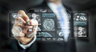 Dijital ekranlar hologramlar veriler 3d render ile kullanarak iş adamı