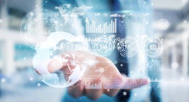 İşadamı hologram ekran dijital veriler 3d renderin ile kullanma