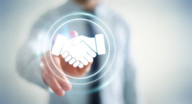 Ortaklık iş için dijital sunum kullanarak iş adamı 