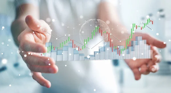 Affärsman med digital 3d utsmält börsen statistik och c — Stockfoto