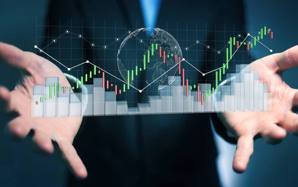 Podnikatel, pomocí digitálních 3d tavené burze statistiky a c — Stock fotografie