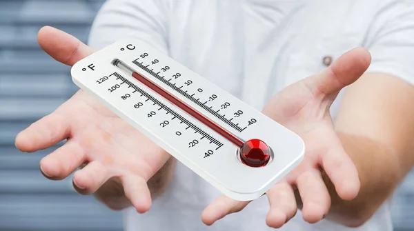 Affärsman kontrollera temperaturen stiga 3d-rendering — Stockfoto