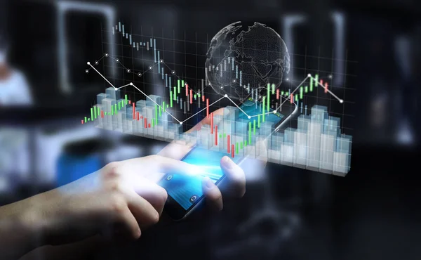 Geschäftsmann mit digitalen 3D gerenderten Börsenstatistiken und c — Stockfoto