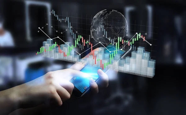 Podnikatel, pomocí digitálních 3d tavené burze statistiky a c — Stock fotografie