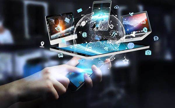 Empresario que conecta dispositivos tecnológicos con su teléfono móvil 3D ren —  Fotos de Stock