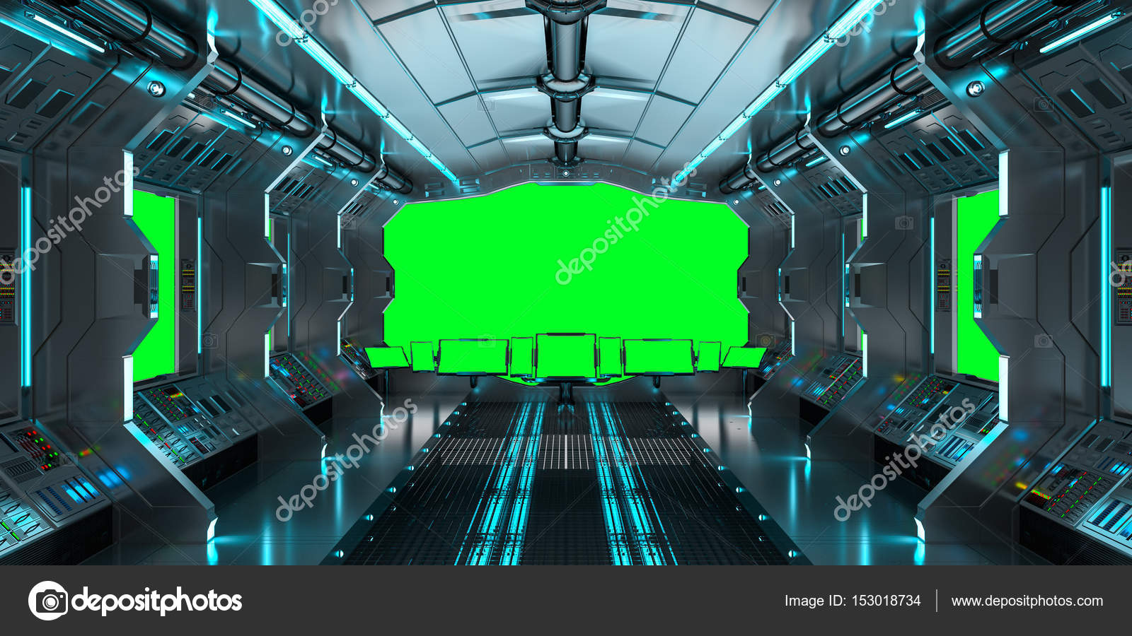 Spaceship Interior With View On Green Windows 3d Rendering Stock Photo By C Sdecoret