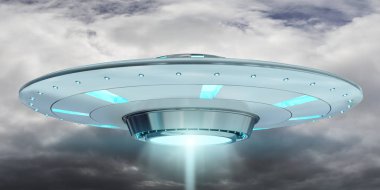 Vintage Ufo bulutlu gökyüzü 3d render uçan