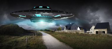 UFO işgal gezegen Dünya'ya landascape 3d render