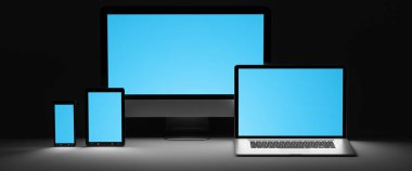 Karanlık modern bilgisayar dizüstü cep telefonu ve tablet 3d render