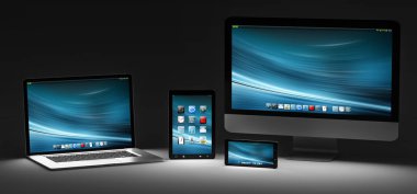 Karanlık modern bilgisayar dizüstü cep telefonu ve tablet 3d render