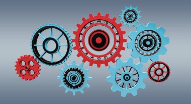 Mavi ve kırmızı dişli simgeler 3d render yüzen