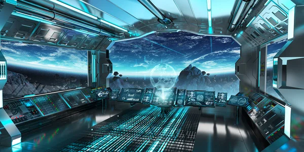 Spaceship interior with view on the planet Earth 3D rendering el